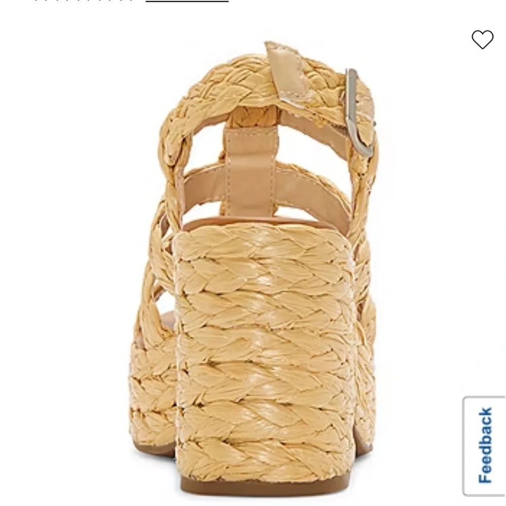 NWT-ANA-9.5-Merlin natural wedge-braided Raffia, straps, buckle, platform shoe.